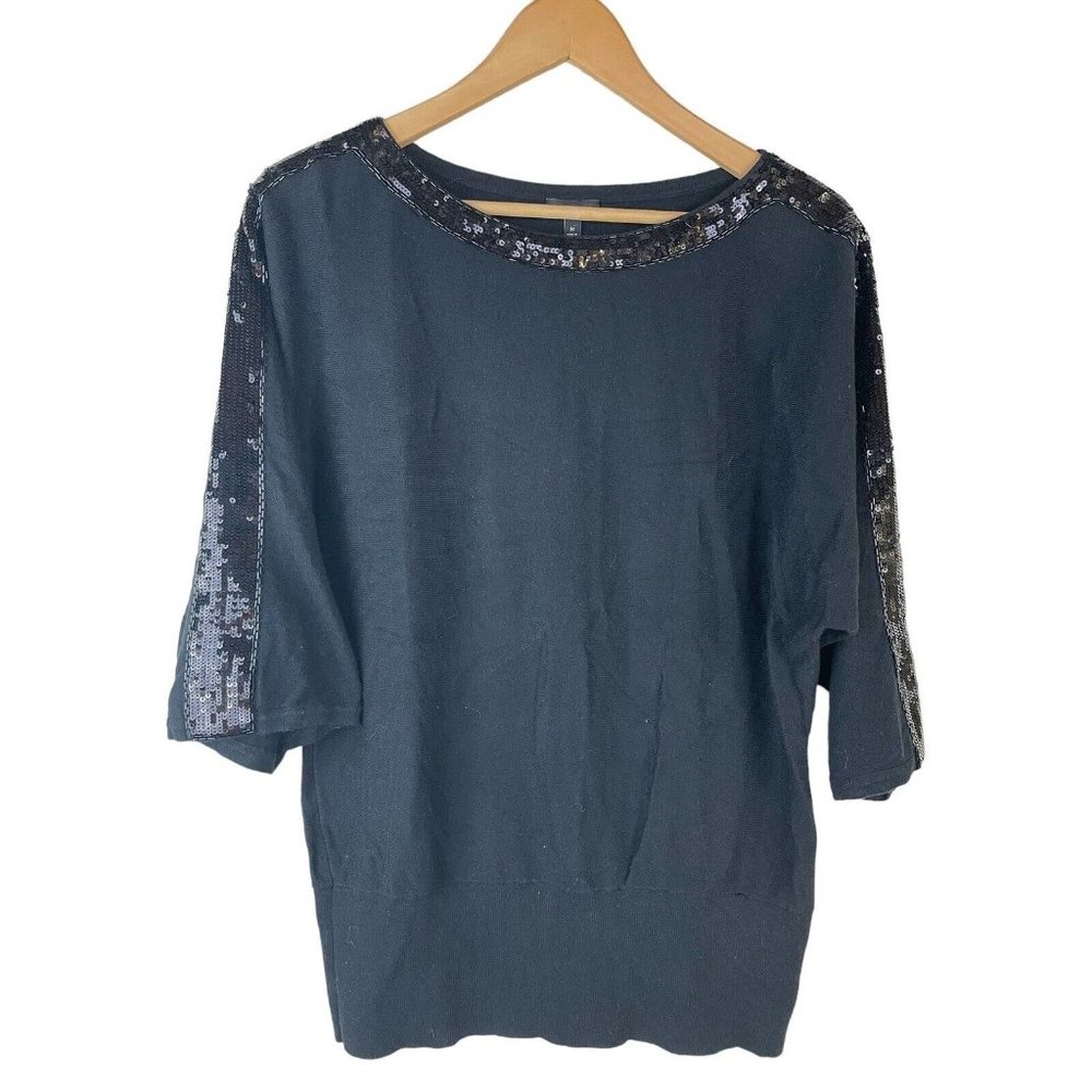 Talbots Black Sweater Size Medium Sequin Detail Neckline & Sleeves Cotton Blend